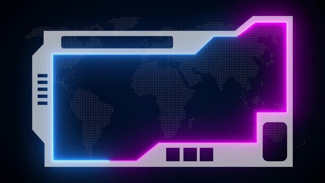 Futuristic digital world map interface with neon light accents and data points. Futuristic hud frame, border, screen overlay.