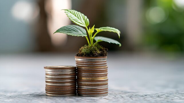 Young green plant sprouts from a coin stack. Two stacked coin piles differ in height