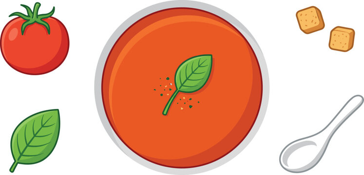 Top view tomato gazpacho soup icon set with culinary ingredients herbs and cutlery for healthy restaurant food menu design concepts