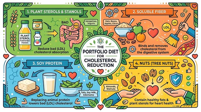 Portfolio diet infographic for cholesterol reduction and heart health
