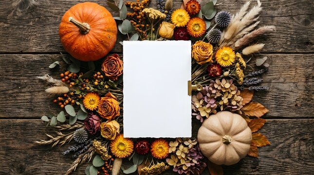 Autumnal flatlay with pumpkins and dried flowers featuring blank paper for text or design