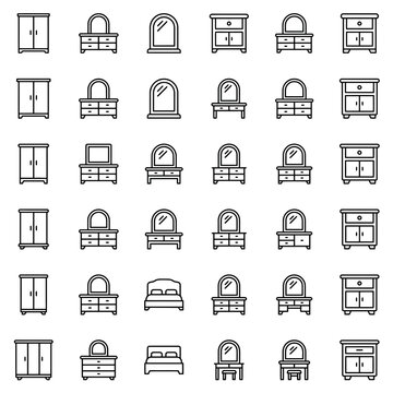 A collection of bedroom furniture icons including wardrobes dressers mirrors and beds.