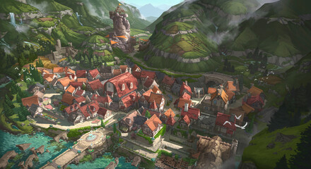 An illustration of an old medieval fantasy town set in a fresh green valley, featuring many epic waterfalls and beautiful crystal-clear lake scenery. © Asanee