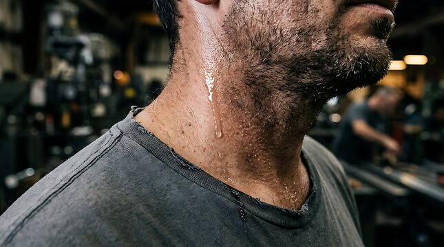 Sweaty man in industrial setting showing exertion and hard work Behind the scenes tournament