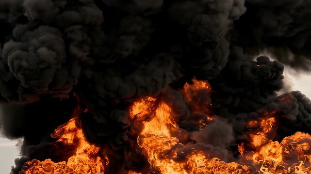 Massive explosion with dark black smoke billowing from violent fire. Intense military battlefield destruction and combat disaster concept in war, high energy blast.