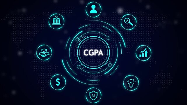 Cgpa abstract digital interface with glowing icons representing finance security growth ideas and people