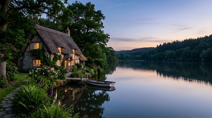 Fototapeta premium Idyllic lakeside cottage with glowing windows at dusk