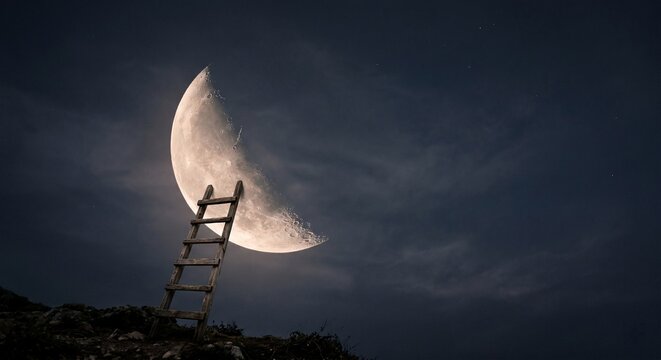 Tiny ladder leaning against a glowing moon in twilight sky dreams and ambition
