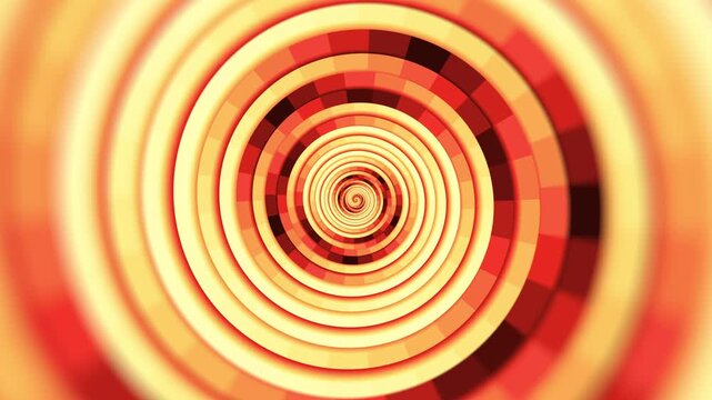 Minimal spiral in infinite rotation. Abstract background in orange and yellow colors. Dizzy concentric pattern. Retro backdrop for event, award, presentation or other. Seamless loop animation.