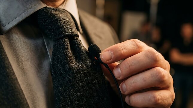 Man attaching lavalier microphone to suit tie for interview or broadcast Behind the scenes tournament