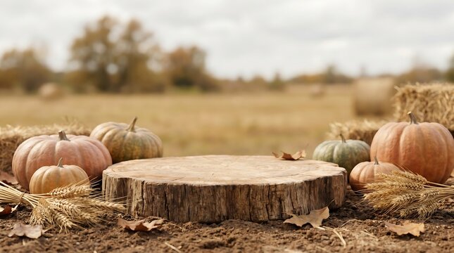 Wooden podium with pumpkins for Halloween product display