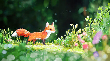 Fototapeta premium Charming watercolor illustration of fox standing lush green environment, surrounded by colorful flowers and soft foliage, evoking sense