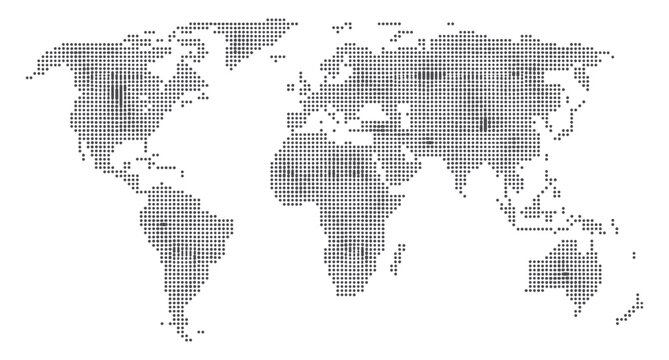 World Map Heatmap. A stylized world map overlaid with a heatmap pattern, illustrating global distribution and concentration across continents.