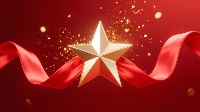 Golden star with red ribbon on festive background