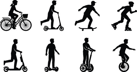 Collection of micro mobility transport silhouettes including bicycle kick scooter skateboard inline skates hoverboard unicycle isolated on white © Mst Shamima
