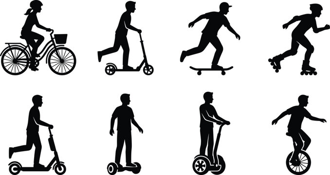 Collection of micro mobility transport silhouettes including bicycle kick scooter skateboard inline skates hoverboard unicycle isolated on white
