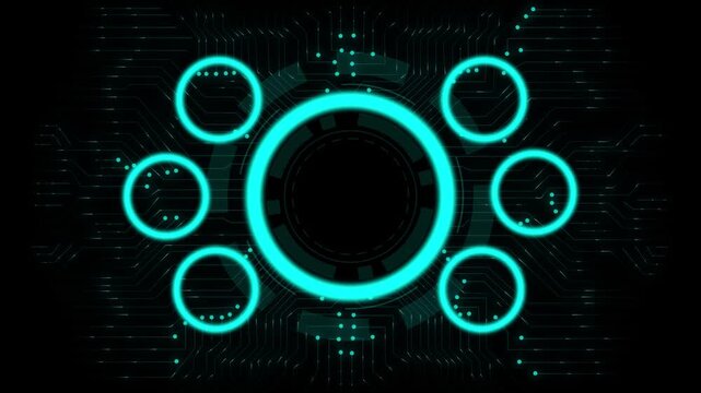 Futuristic circular interface animation digital technology system. Abstract tech rings dashboard visualization platform. Modern HUD style control panel motion graphic.
