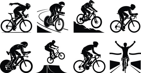 Fototapeta premium Professional cyclists and bicycle racers silhouettes set showing road racing triathletes mountain biking and bmx isolated on white background
