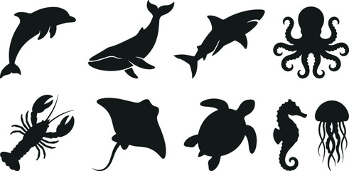 Sea animals and marine life silhouettes set including dolphin whale shark octopus lobster and turtle isolated on white background © Mst Shamima