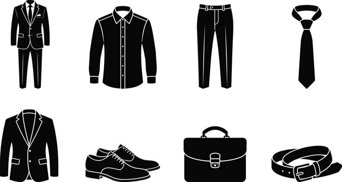 Set of black and white mens formal wear icons featuring suit jacket pants dress shirt tie shoes and briefcase