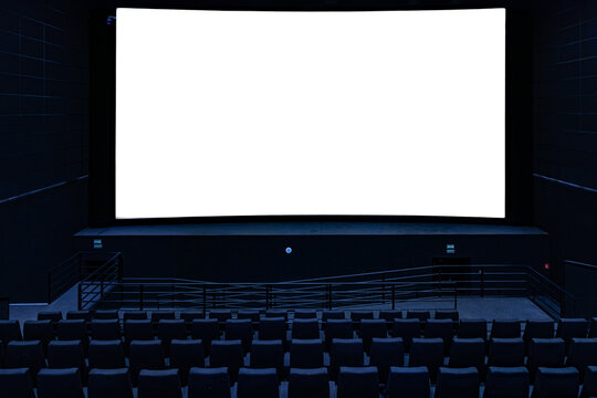 Empty movie theater with blank white cinema screen mockup