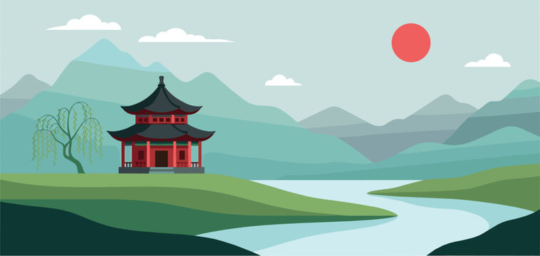 Traditional Asian pagoda temple landscape illustration with mountains a winding river and red sun