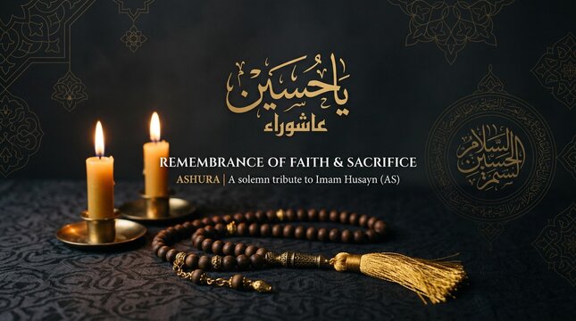 Ashura remembrance &mdash; golden Arabic calligraphy between glowing candles and prayer beads, symbolizing devotion, sacrifice, and spiritual reverence for Imam Hussain (A.S.).