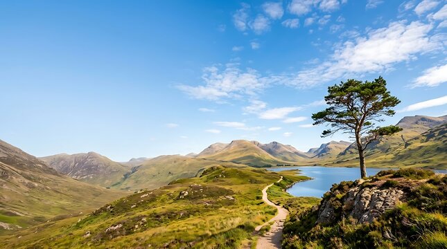 Winding path through a lush mountain valley with a lone pine tree
