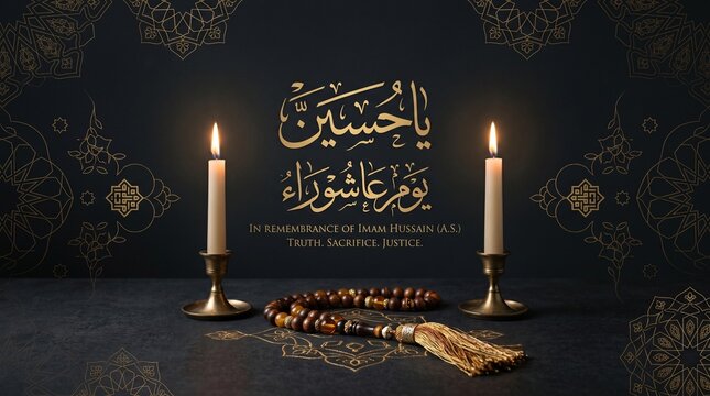 Ashura remembrance &mdash; golden Arabic calligraphy between glowing candles and prayer beads, symbolizing devotion, sacrifice, and spiritual reverence for Imam Hussain (A.S.).