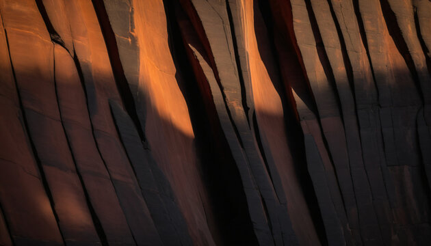 Close up dramatic shadow casting on sharp vertical red sandstone cliff ridges