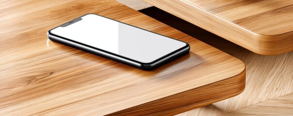 Fototapeta premium Minimal black smartphone with blank screen on wooden table for mockup and tech presentations