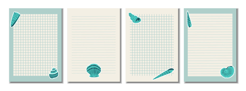 Coastal note paper template set with seashell stickers. Printable stationery collection featuring lined and grid memo pages for planners, journals, notes and writing.