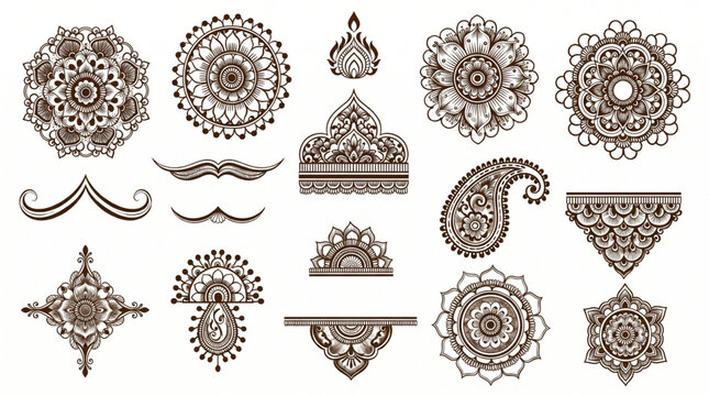 Intricate traditional mehndi henna design for Indian weddings and celebrations. Elegant floral, Paisley, and detailed geometric patterns. Premium vector art