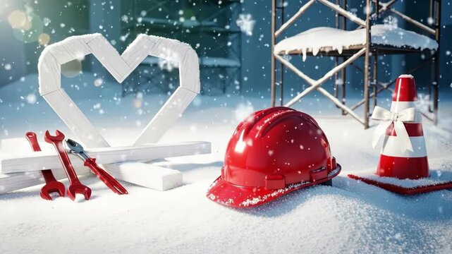 Red hard hat, traffic cone with bow, and tools in snow with heart. Valentines Day construction or DIY concept.