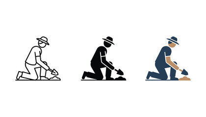 Gardener or farmer kneeling and planting with shovel vector icon set in outline solid and colored flat design styles © TARU STOCKPLC