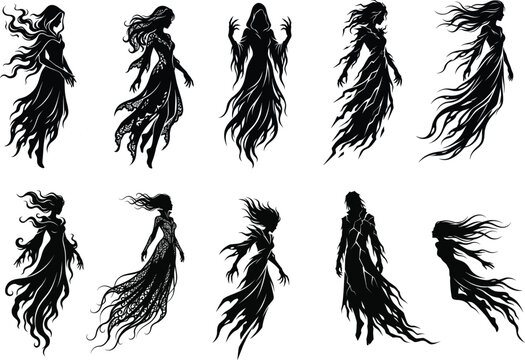Set of Detailed Black Silhouettes of Ethereal Ghosts, Spirits, and Witches, Halloween Vector Illustration