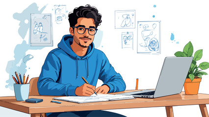 Fototapeta premium Young man studying, learning, and creating content
