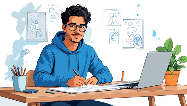 Young man studying, learning, and creating content