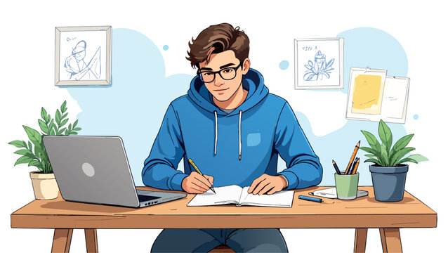 Young studying man writing notes at desk