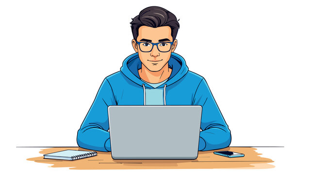 Young man with glasses using laptop working online