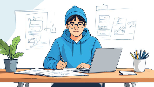 Young character working on design project