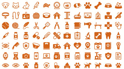 Fototapeta premium Set of orange flat vector icons representing various pet care supplies medical equipment and domestic animal silhouettes for veterinary services