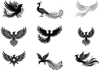 Obraz premium Collection of ornate black phoenix, peacock, and mythical bird silhouettes on white background,