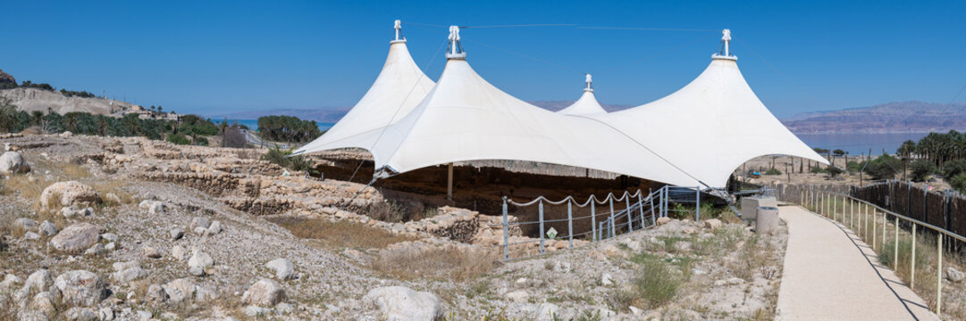 Panoramic view of the protective tent covering the ancient synagogue at Ein Gedi in Israel.
