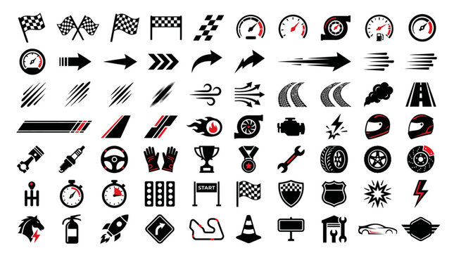 Collection of professional black and red racing icons featuring checkered flags speed gauges tires and various automotive vehicle parts
