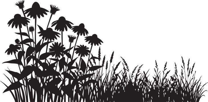 Black silhouette meadow landscape with wildflowers and field grass. Nature border concept illustrating countryside wilderness. Suitable for environmental banners. Transparent EPS.