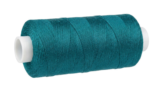 Teal sewing thread spool on white plastic core isolated PNG on transparent background, textile craft material