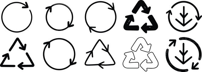 Fototapeta premium Set of Hand Drawn Circular Arrows and Recycling Symbols on White Background Keywords: recycle, refresh, circular, arrow, symbol, icon, loop, repeat, reuse, triangle
