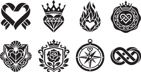 Obraz premium Luxury Heart and Emblem Icon Set: Crowns, Roses, and Compass Symbols