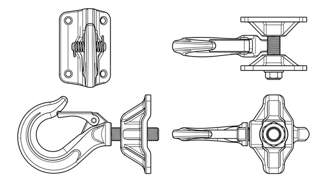 Tow hook automotive towing component technical drawing blueprint with front side back and sectional views CAD line art vector illustration